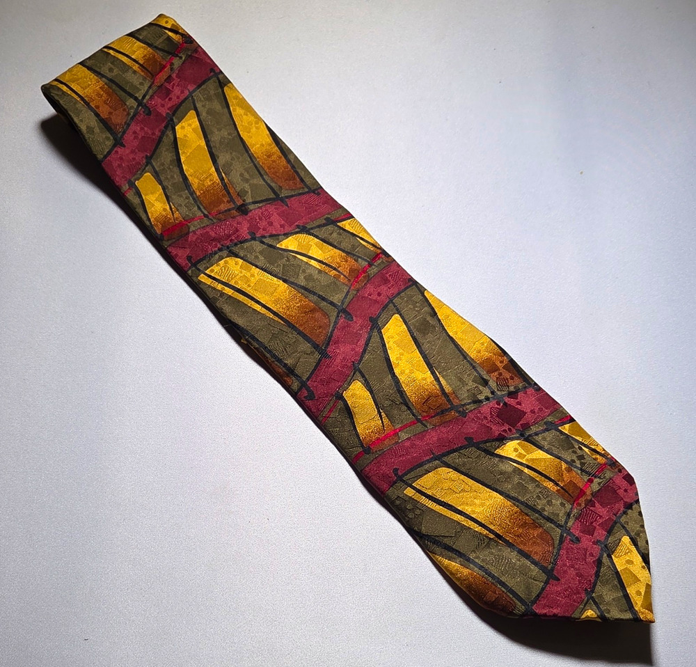 Ziggurat 100% Silk Woven Abstract Tie Gold Burgundy Brown Black Men
